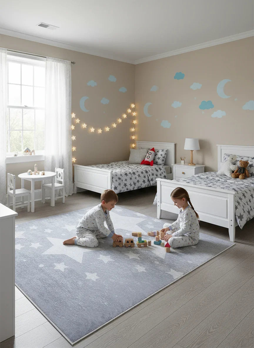 Yıldız Desenli Gri Çocuk Halısı-Pera Halı