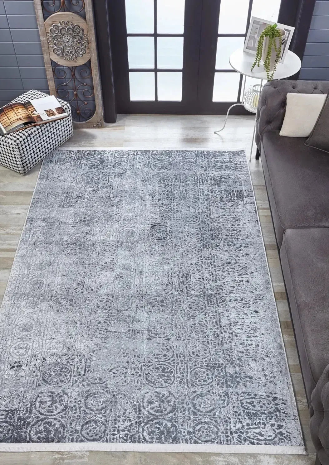 Yuvarlak Motifli Ton Sür Ton Gri Halı-Pera Halı