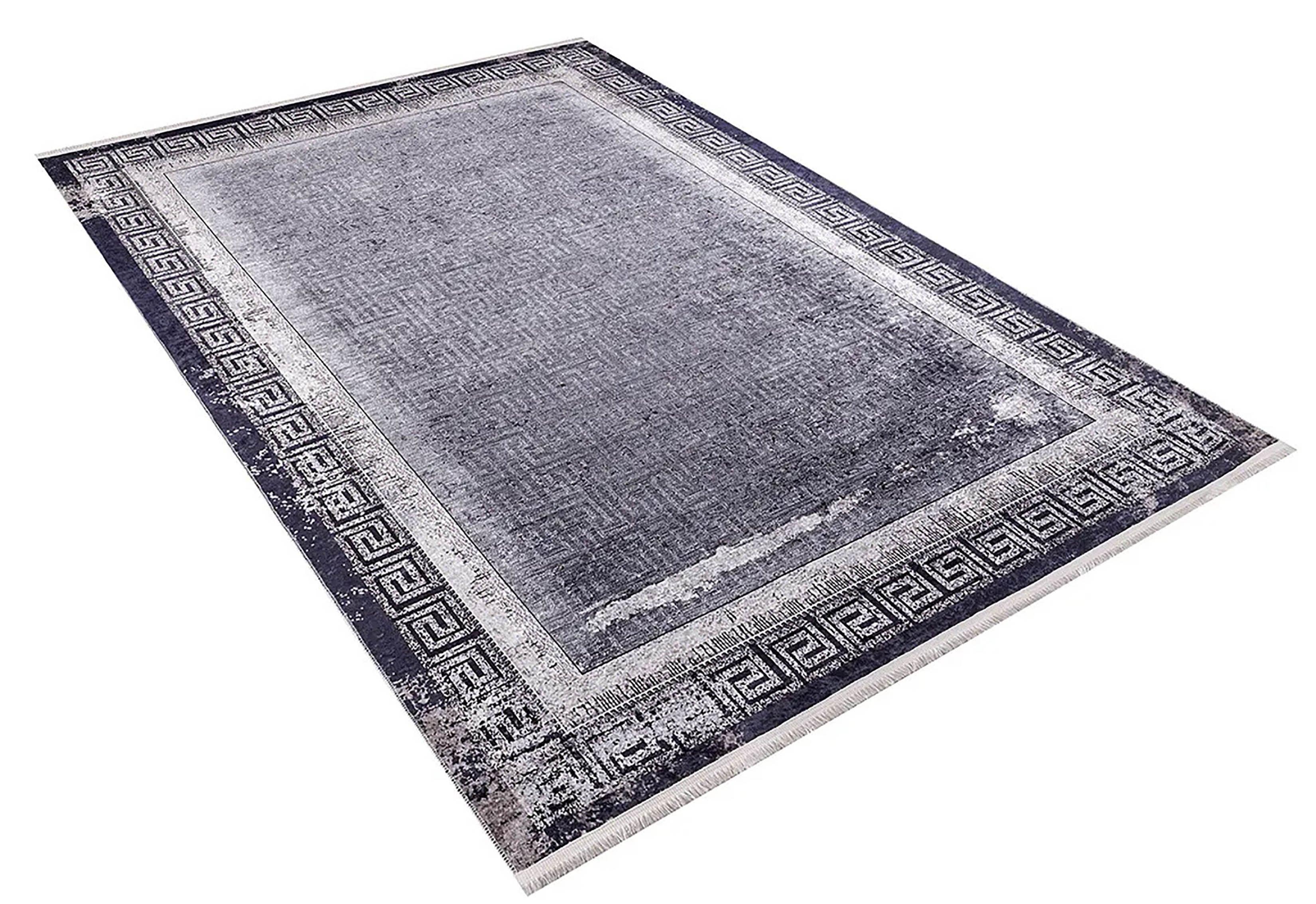 Zamansız Mor Labirent Desenli Lacivert ve Beyaz Yunan Bordürlü Halı-Pera Halı