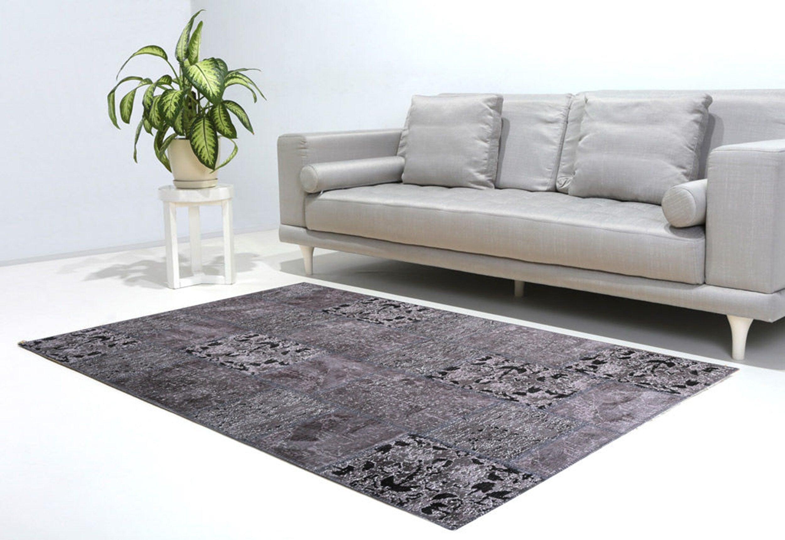 Eskitme Patchwork Vintage Gri Siyah Halı - Pera Halı