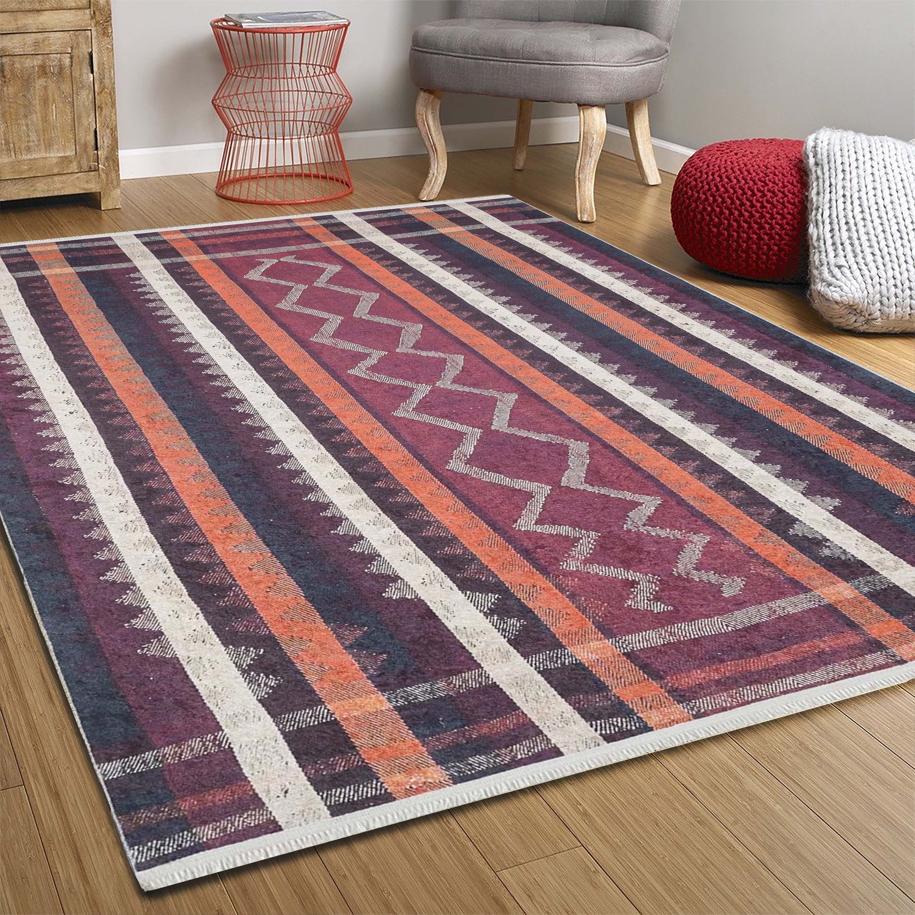 Turuncu Siyah Bej Geometrik Desenli Kilim Halı - Pera Halı