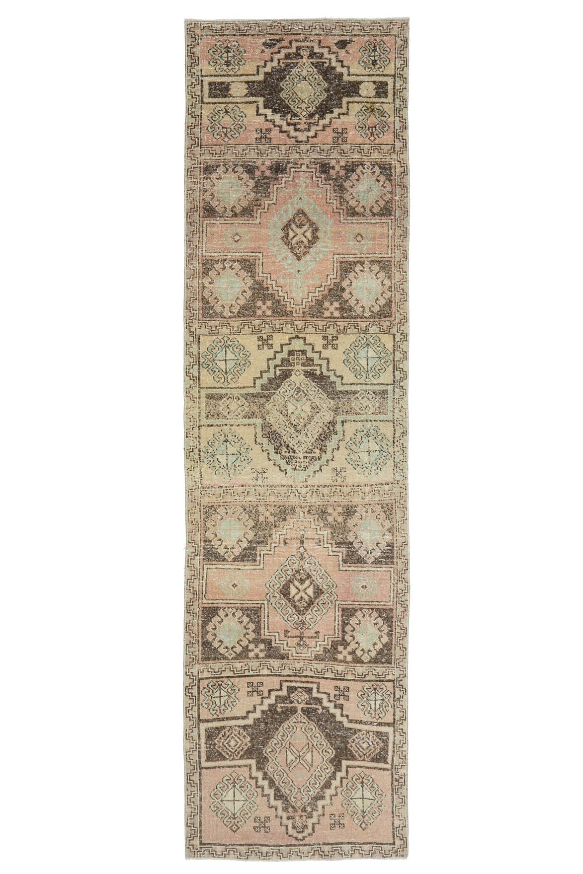 83x337 cm turuncu ve kahverengi oryantal desenli el dokuma vintage yolluk – üstten tam görünüm