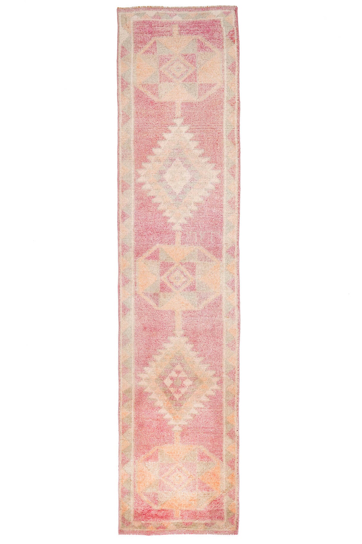 80x365 cm turuncu ve pembe oryantal desenli el dokuma vintage yolluk – üstten tam görünüm