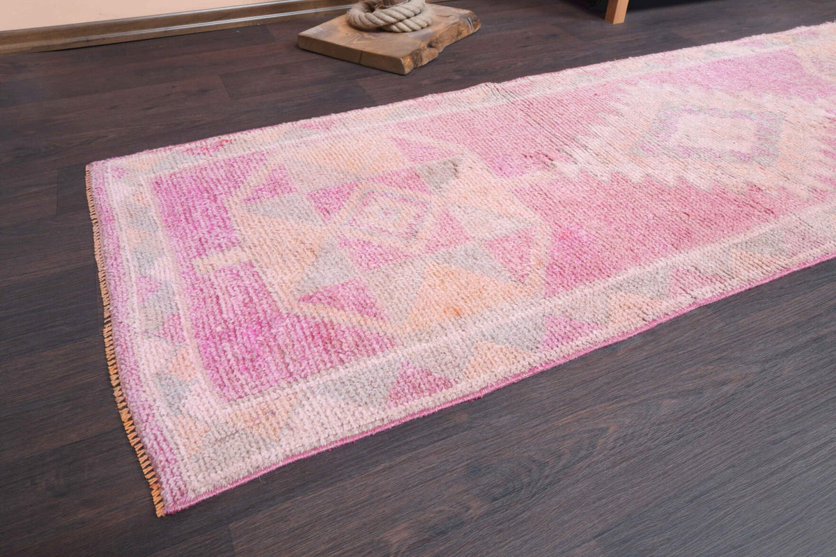 Oryantal desenli el dokuma vintage yolluk – turuncu ve pembe tonlarda yün dokuma