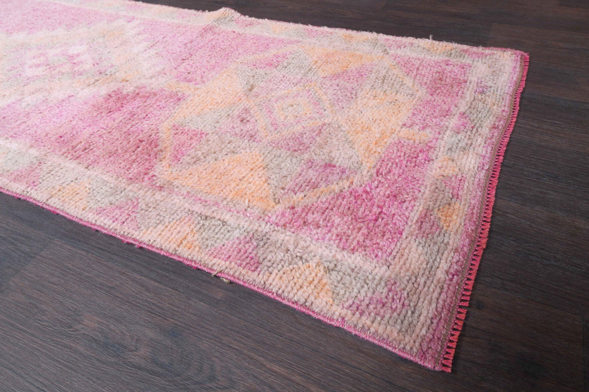 Turuncu ve pembe renkli el dokuma vintage yolluk, yün hav, pamuk taban