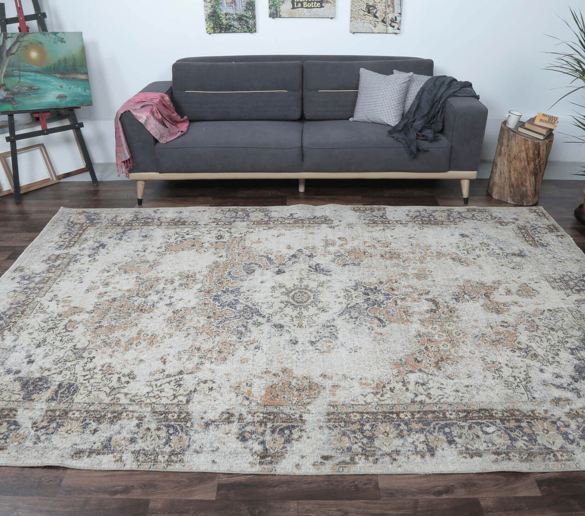 El yapımı vintage halı 211x318 cm oryantal desenli yün - yakın çekim doku detayı