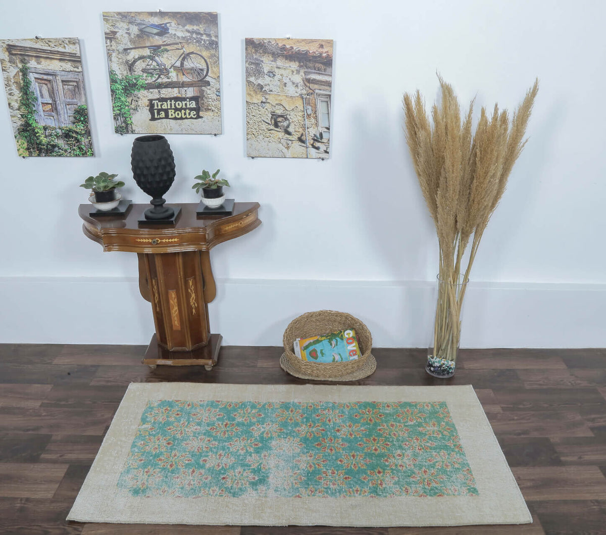 El yapımı vintage halı 79x152 cm çiçek desenli desenli yün - detay görünümü
