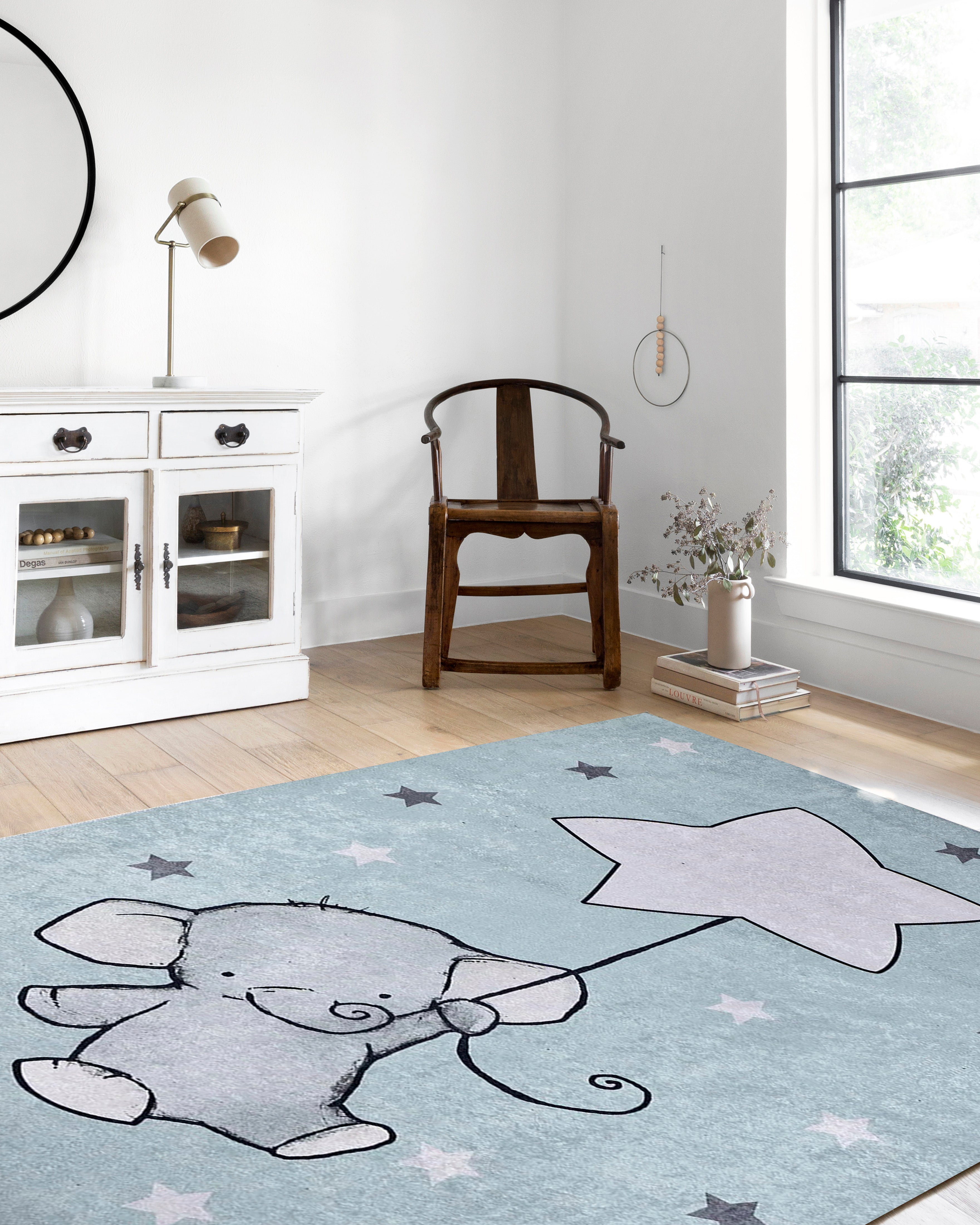 Gri Mavi Fil ve Yıldız Desenli Yıkanabilir Çocuk Halısı