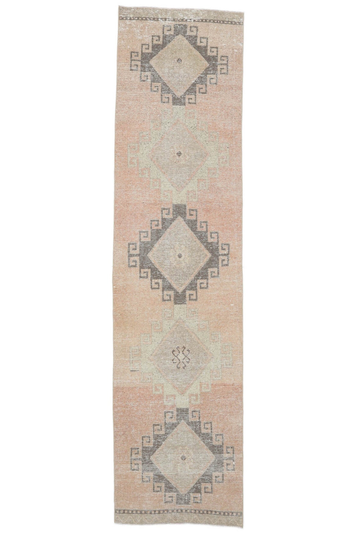 89x355 cm turuncu ve bej geometrik desenli el dokuma vintage yolluk – üstten tam görünüm