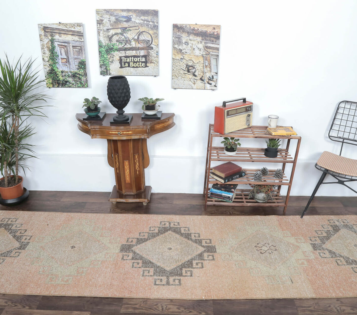 El yapımı vintage halı 89x353 cm geometrik desenli yün - detay görünümü