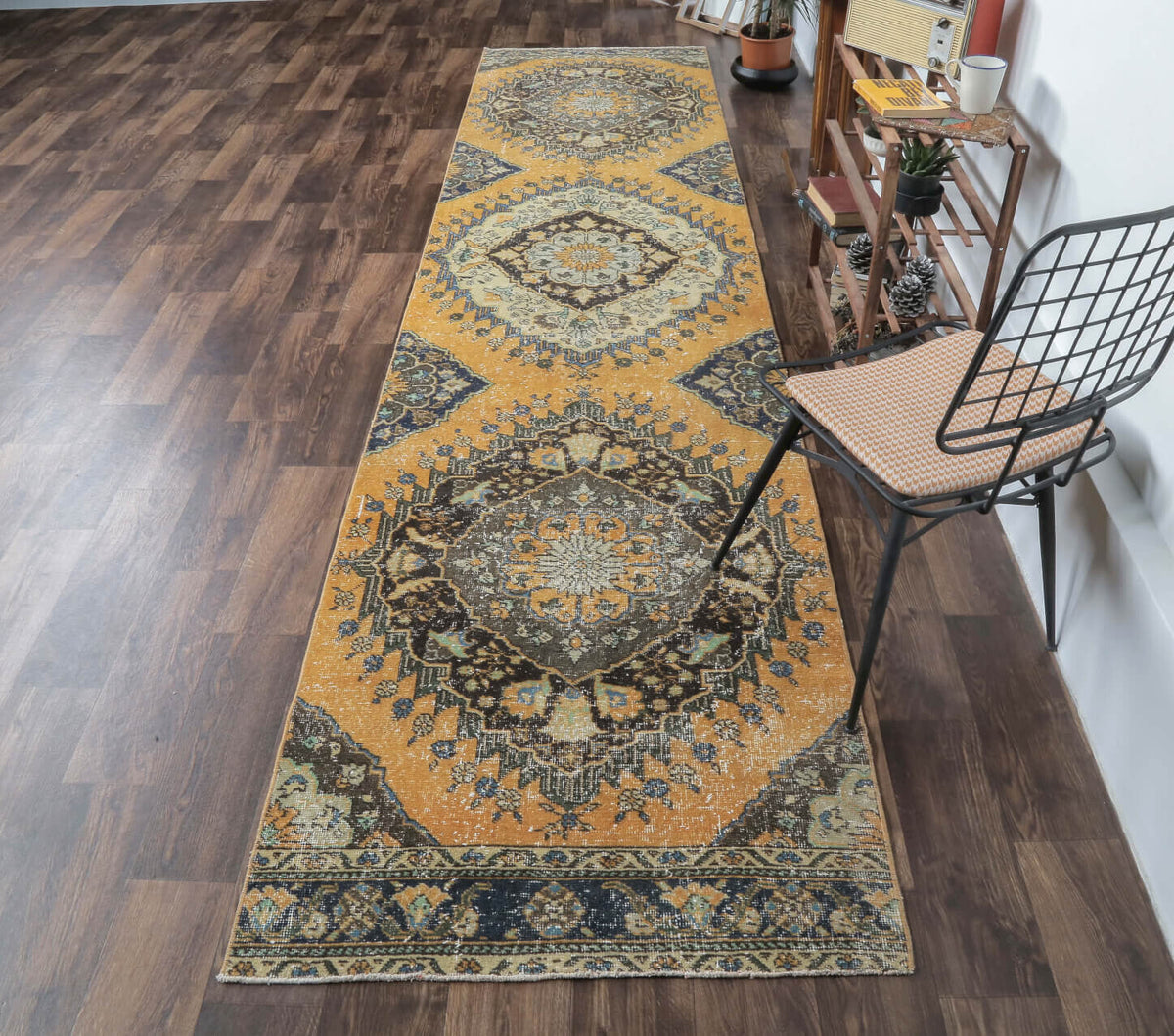 El yapımı vintage yolluk 94x411 cm oryantal desenli yün - kenar ve saçak detayı