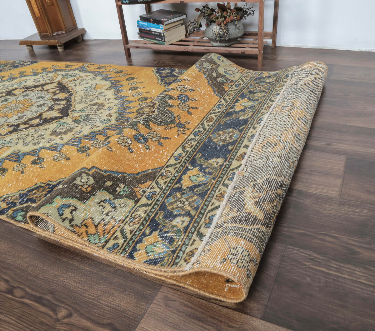 El yapımı vintage yolluk 94x411 cm oryantal desenli yün - üstten görünüm