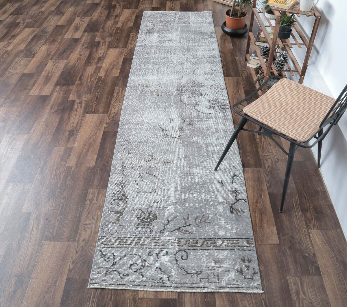 El yapımı vintage yolluk 76x315 cm çiçek desenli desenli yün - kenar ve saçak detayı