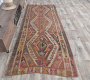 1960'lardan Sivas kökenli tribal desenli vintage kilim yolluk, 125x315 cm