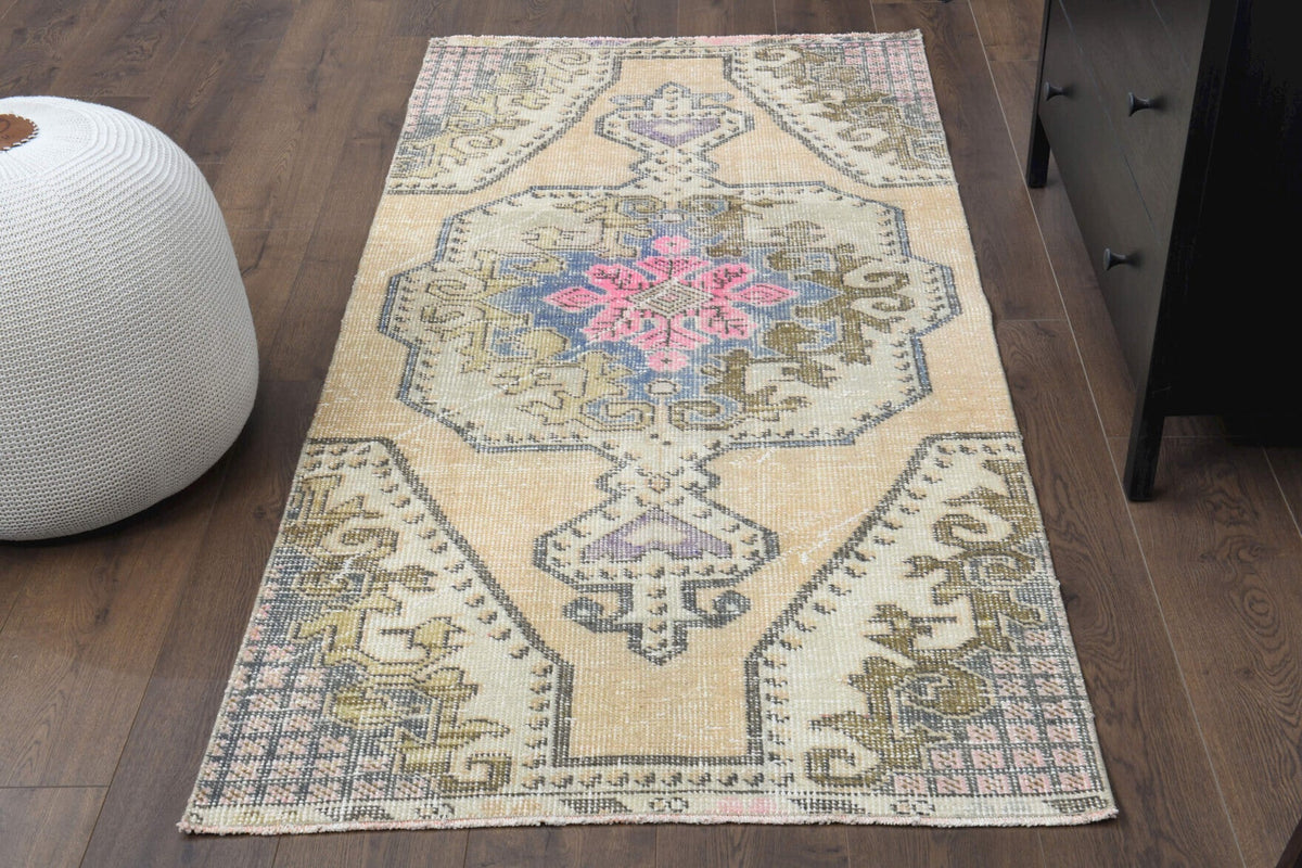 El yapımı vintage halı 94x198 cm oryantal desenli yün - detay görünümü