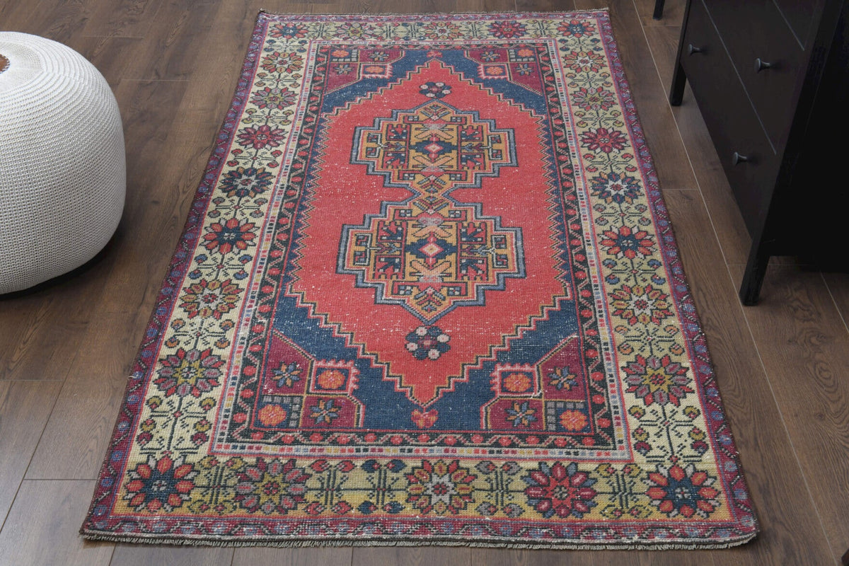 El yapımı vintage halı 109x201 cm oryantal desenli yün - detay görünümü