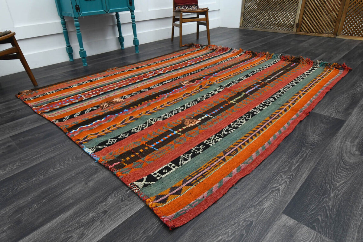 El yapımı vintage halı 193x218 cm oryantal desenli yün - yakın çekim doku detayı