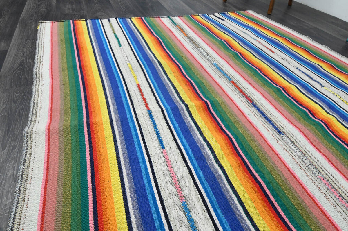 Mavi, turuncu ve pembe renkli el dokuma vintage kilim, %100 yün dokuma