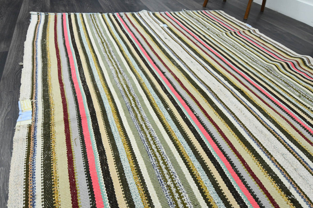 Bej, gri ve kahverengi renkli el dokuma vintage kilim, %100 yün dokuma