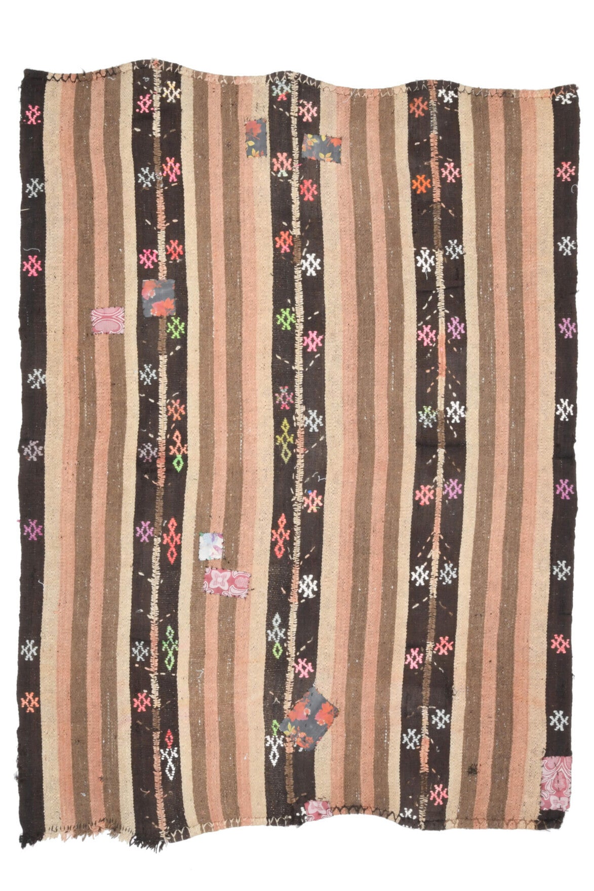145x205 cm turuncu, kahverengi ve kırmızı oryantal desenli el dokuma vintage kilim – üstten tam görünüm