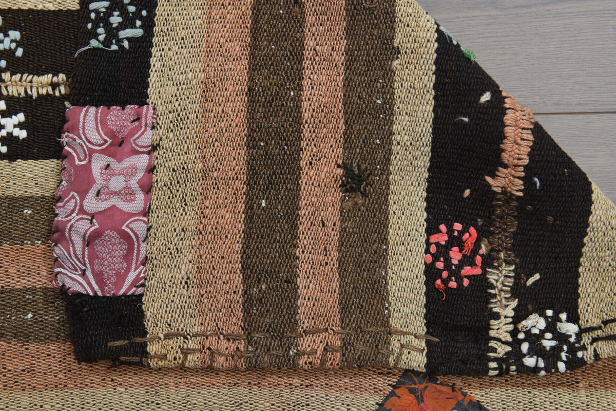 Turuncu, kahverengi ve kırmızı renkli el dokuma vintage kilim, %100 yün dokuma