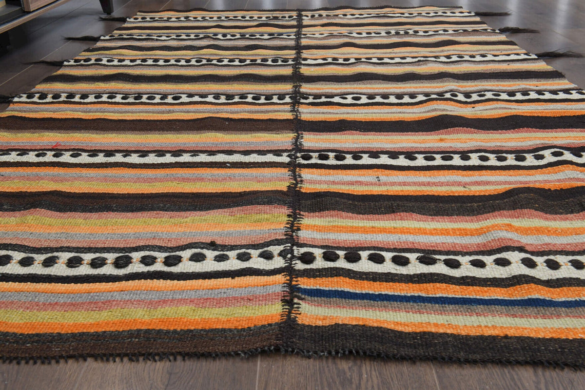 Oryantal desenli el dokuma vintage kilim – turuncu, kahverengi ve kırmızı tonlarda yün dokuma