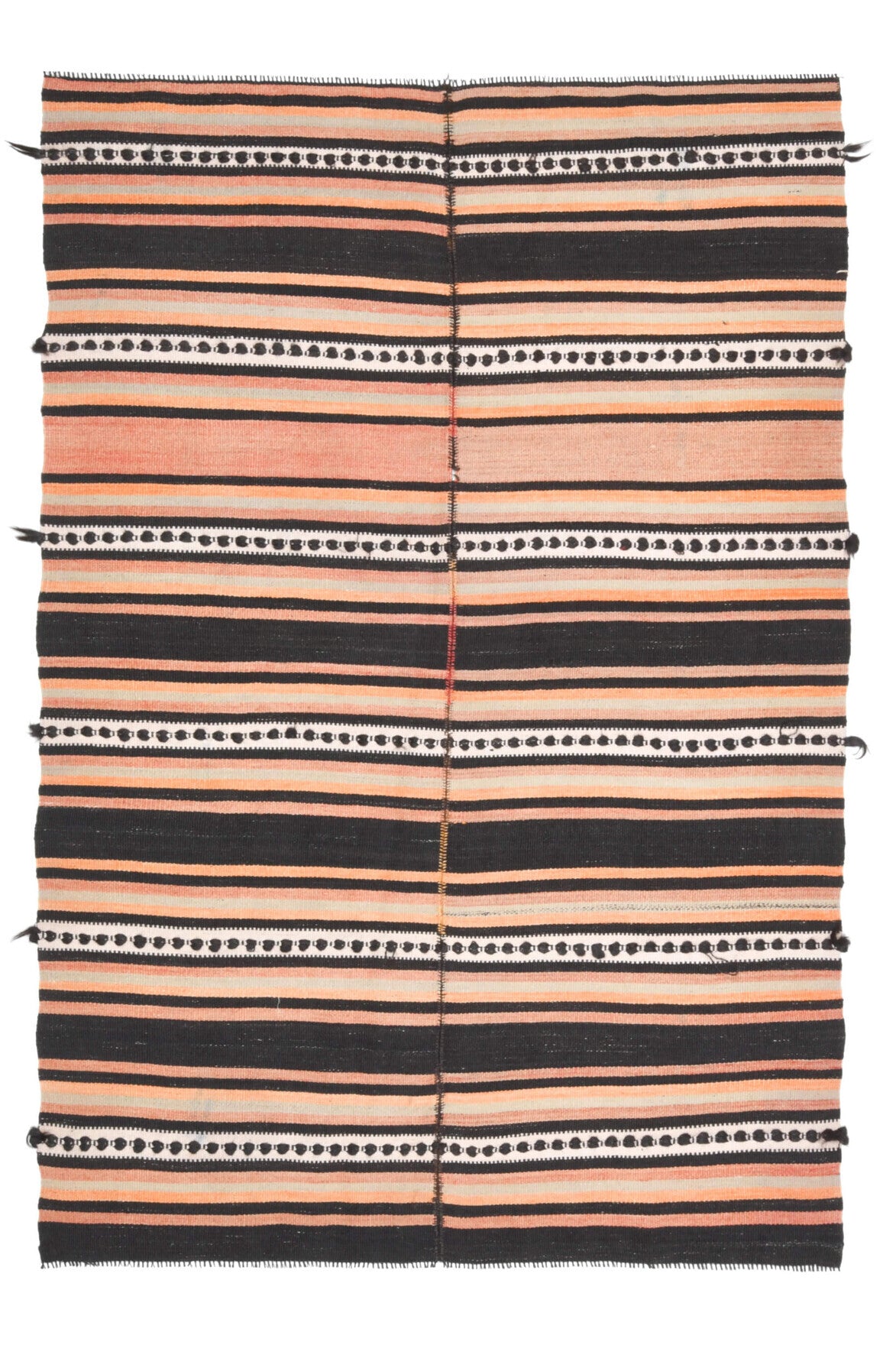 140x210 cm turuncu ve kahverengi oryantal desenli el dokuma vintage kilim – üstten tam görünüm
