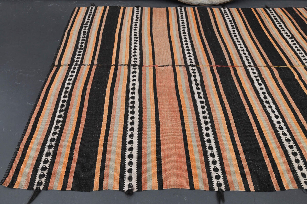 Turuncu ve kahverengi renkli el dokuma vintage kilim, %100 yün dokuma