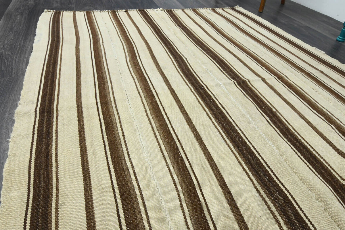 Bej, turuncu ve kahverengi renkli el dokuma vintage kilim, %100 yün dokuma