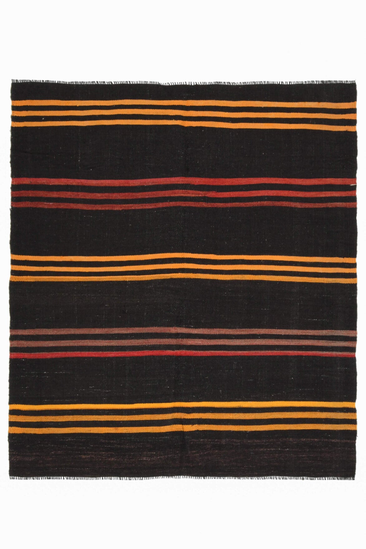 128x146 cm siyah ve turuncu oryantal desenli el dokuma vintage kilim – üstten tam görünüm