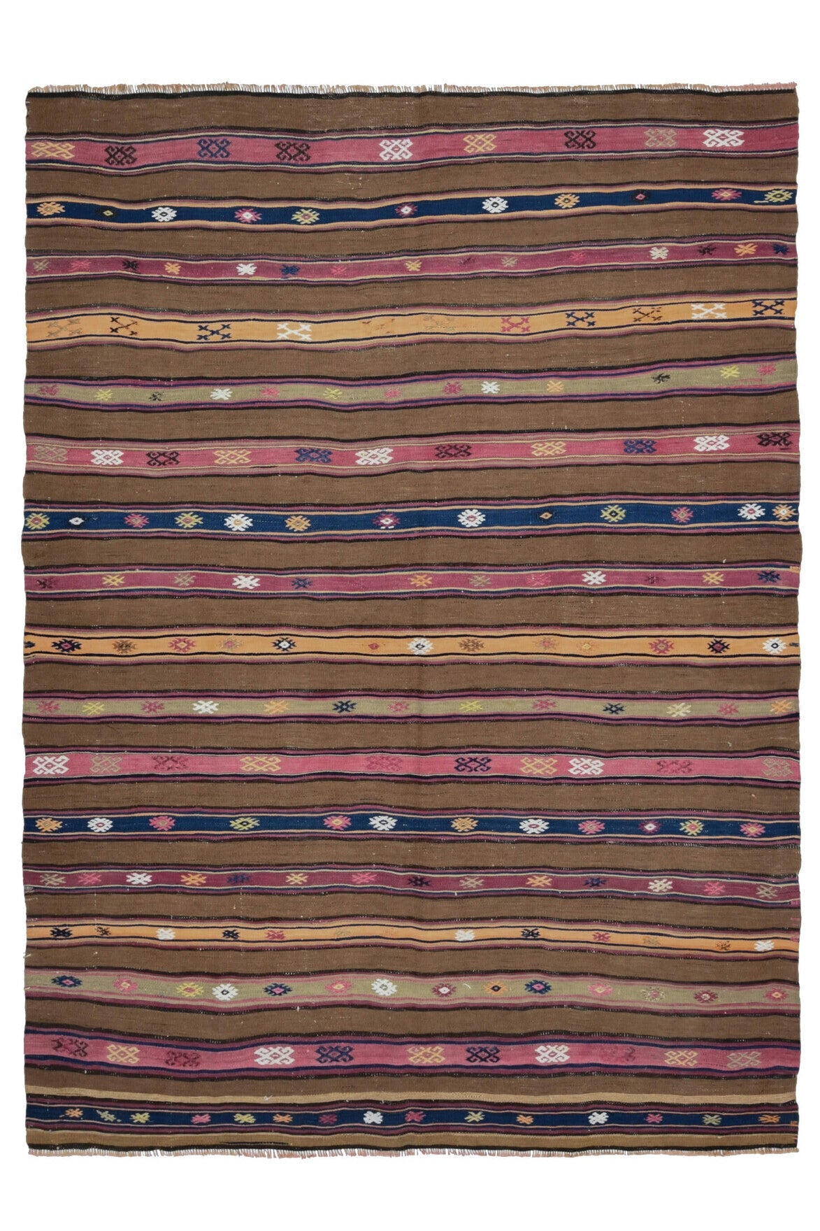 167x229 cm kahverengi ve kırmızı çizgili el dokuma vintage kilim – üstten tam görünüm