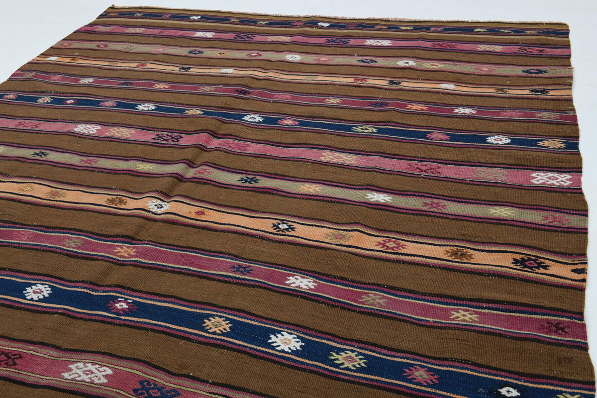 Kahverengi ve kırmızı renkli el dokuma vintage kilim, %100 yün dokuma