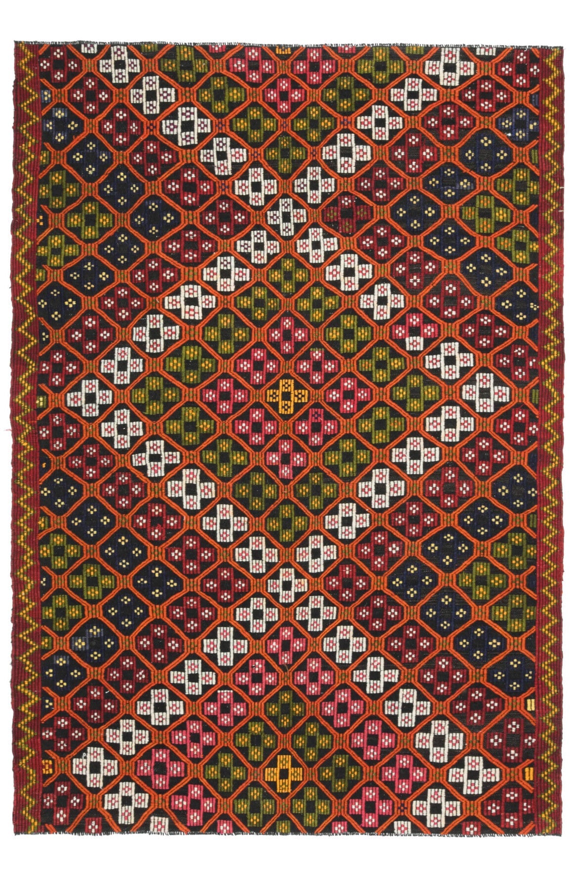 167x240 cm kırmızı, kahverengi ve turuncu ikat desenli el dokuma vintage kilim – üstten tam görünüm