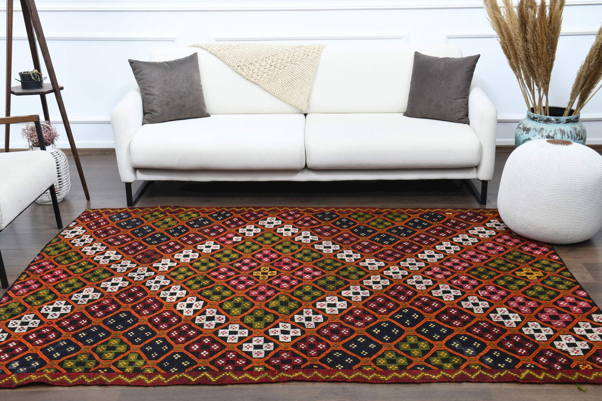 Salon için ikat desenli el dokuma vintage kilim – 167x240 cm