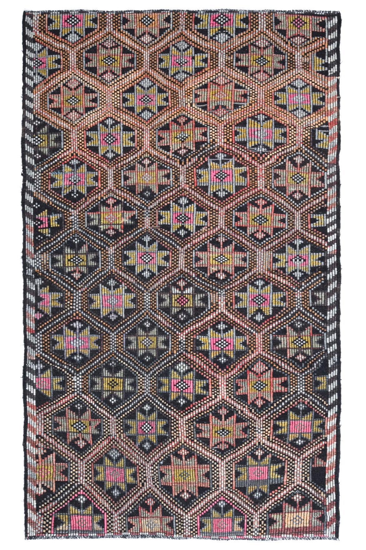 159x260 cm kahverengi, kırmızı ve gri ikat desenli el dokuma vintage kilim – üstten tam görünüm