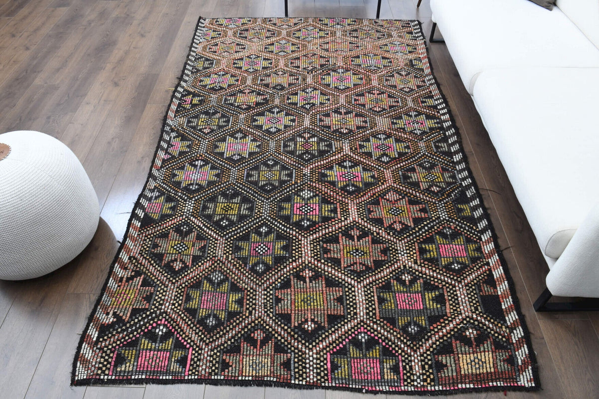 El yapımı vintage halı 157x259 cm i̇kat desenli yün - detay görünümü