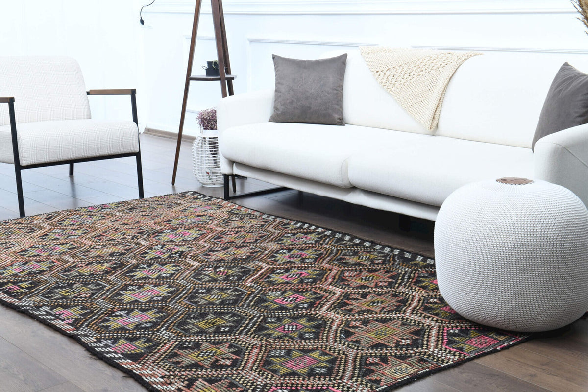 Salon için ikat desenli el dokuma vintage kilim – 159x260 cm