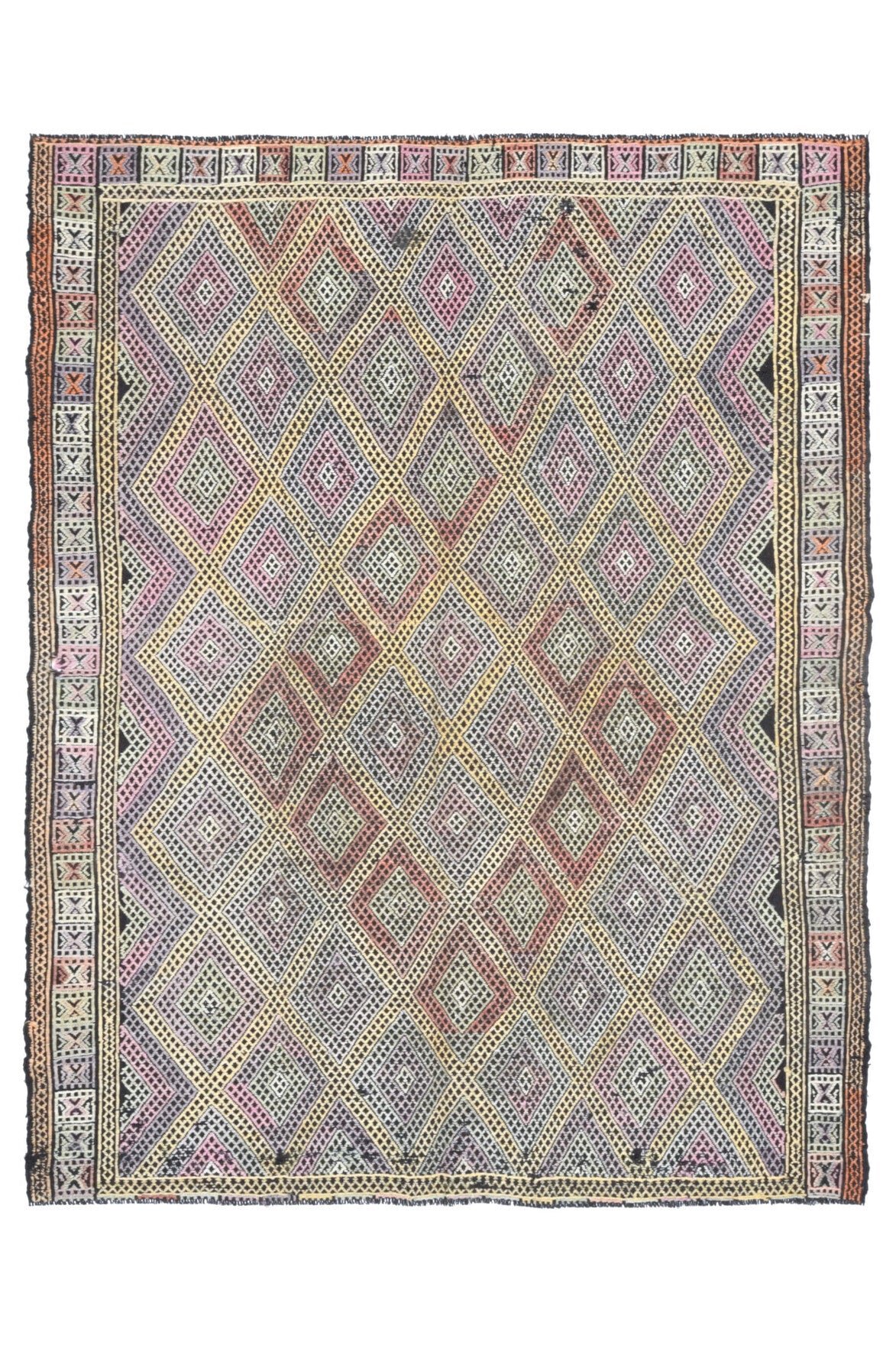 169x213 cm bej, gri ve turuncu ikat desenli el dokuma vintage kilim – üstten tam görünüm