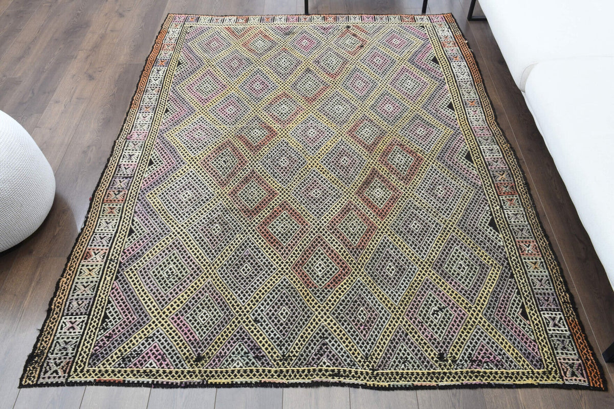 1960'lardan Anadolu kökenli ikat desenli el dokuma vintage kilim, 169x213 cm