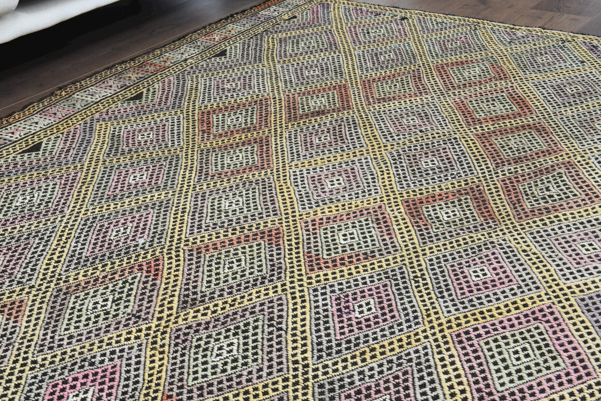 Bej, gri ve turuncu renkli el dokuma vintage kilim, %100 yün dokuma