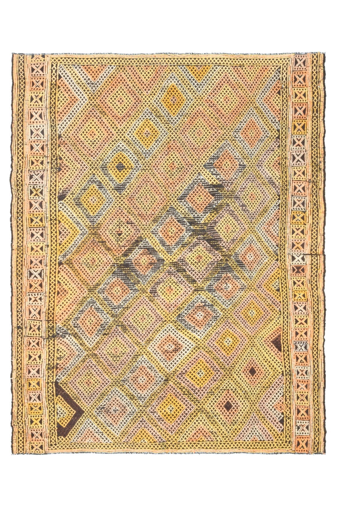 El yapımı vintage halı 157x203 cm geometrik desenli yün - açık alan görünümü