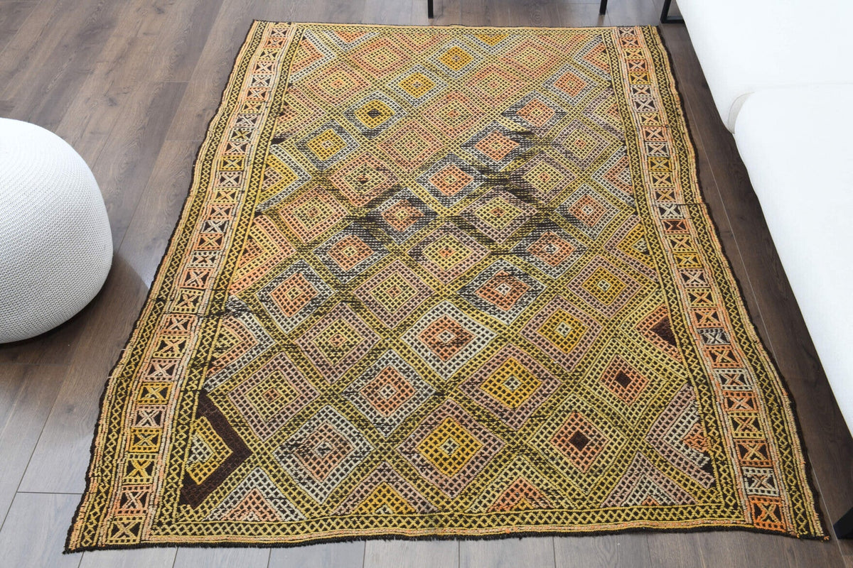 El yapımı vintage halı 157x203 cm geometrik desenli yün - detay görünümü