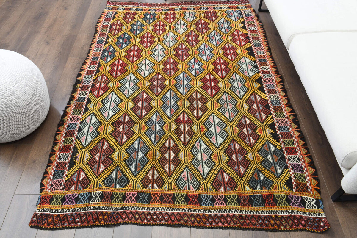 El yapımı vintage halı 155x234 cm i̇kat desenli yün - detay görünümü