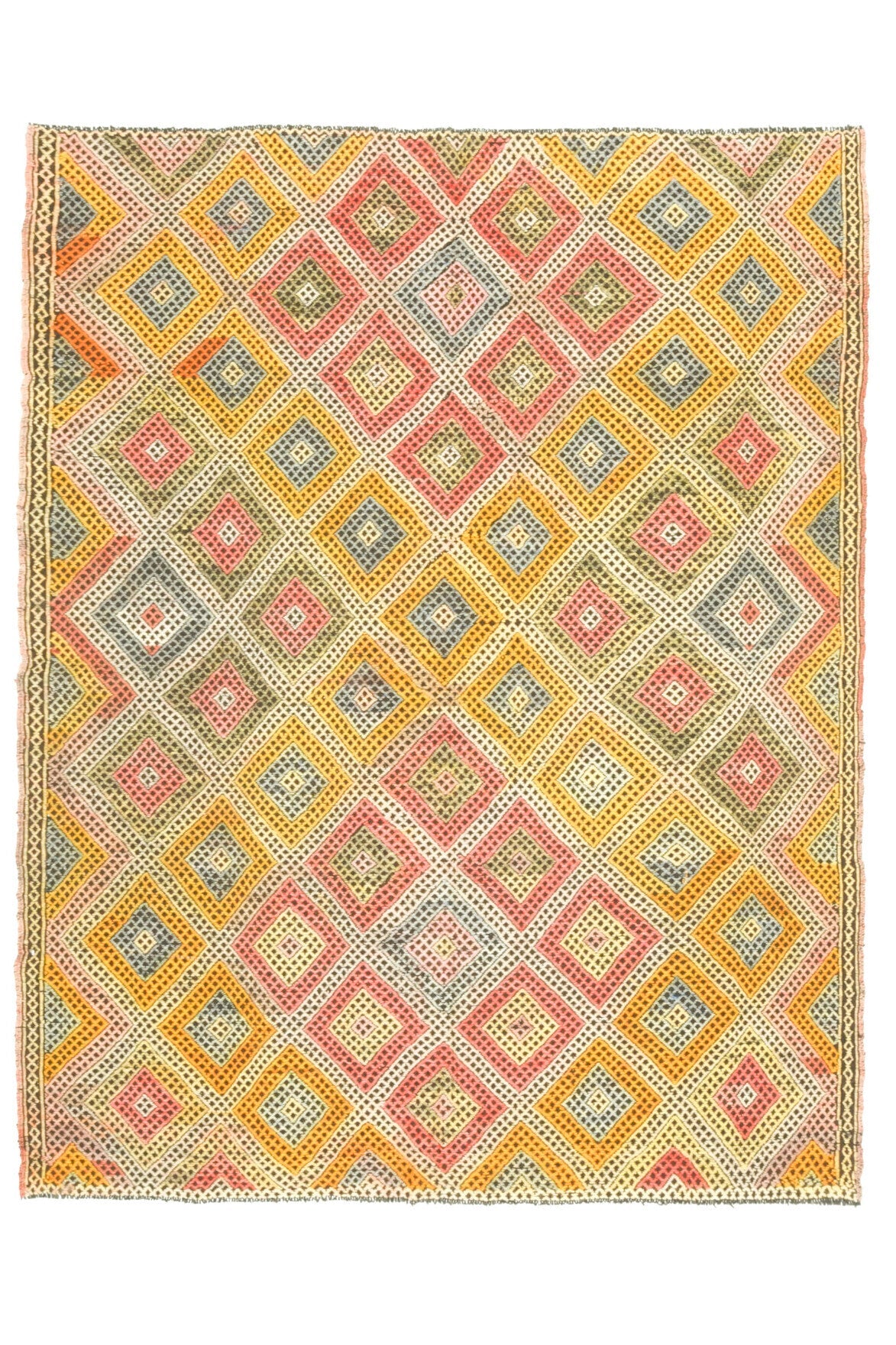 158x201 cm turuncu ve sarı ikat desenli el dokuma vintage kilim – üstten tam görünüm