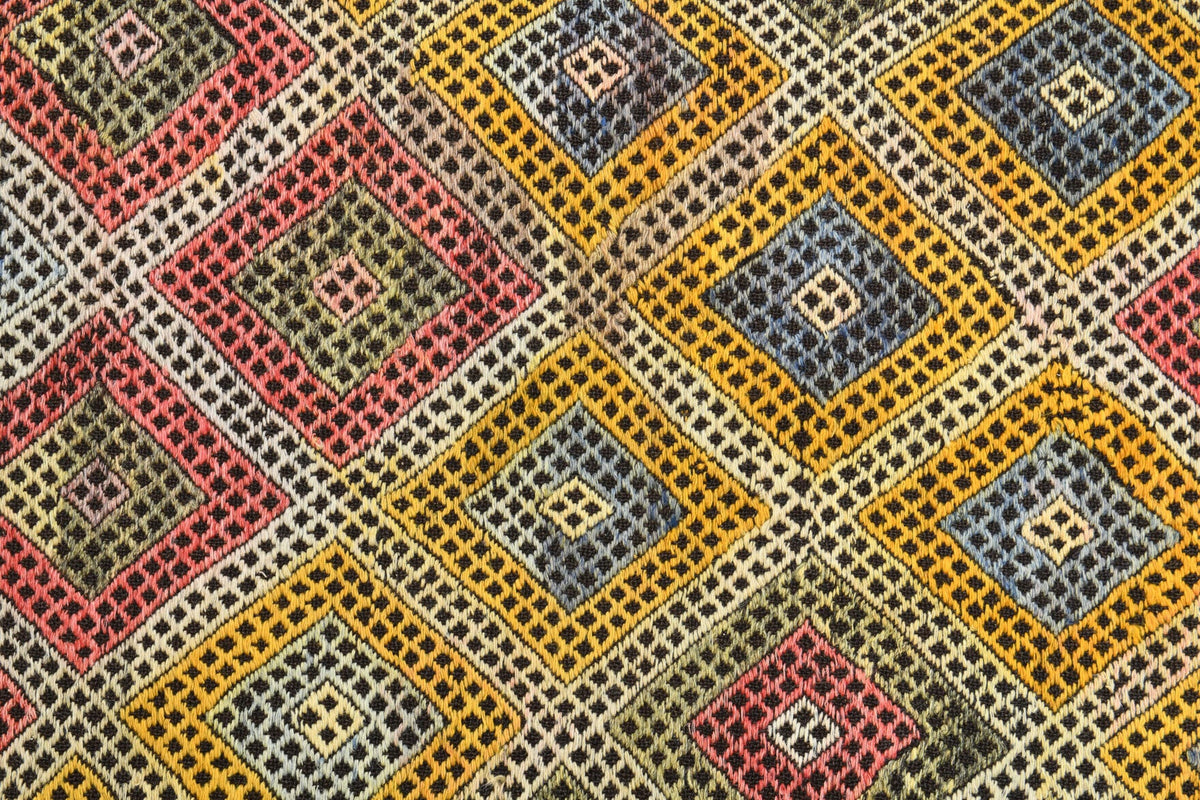 Turuncu ve sarı renkli el dokuma vintage kilim, %100 yün dokuma