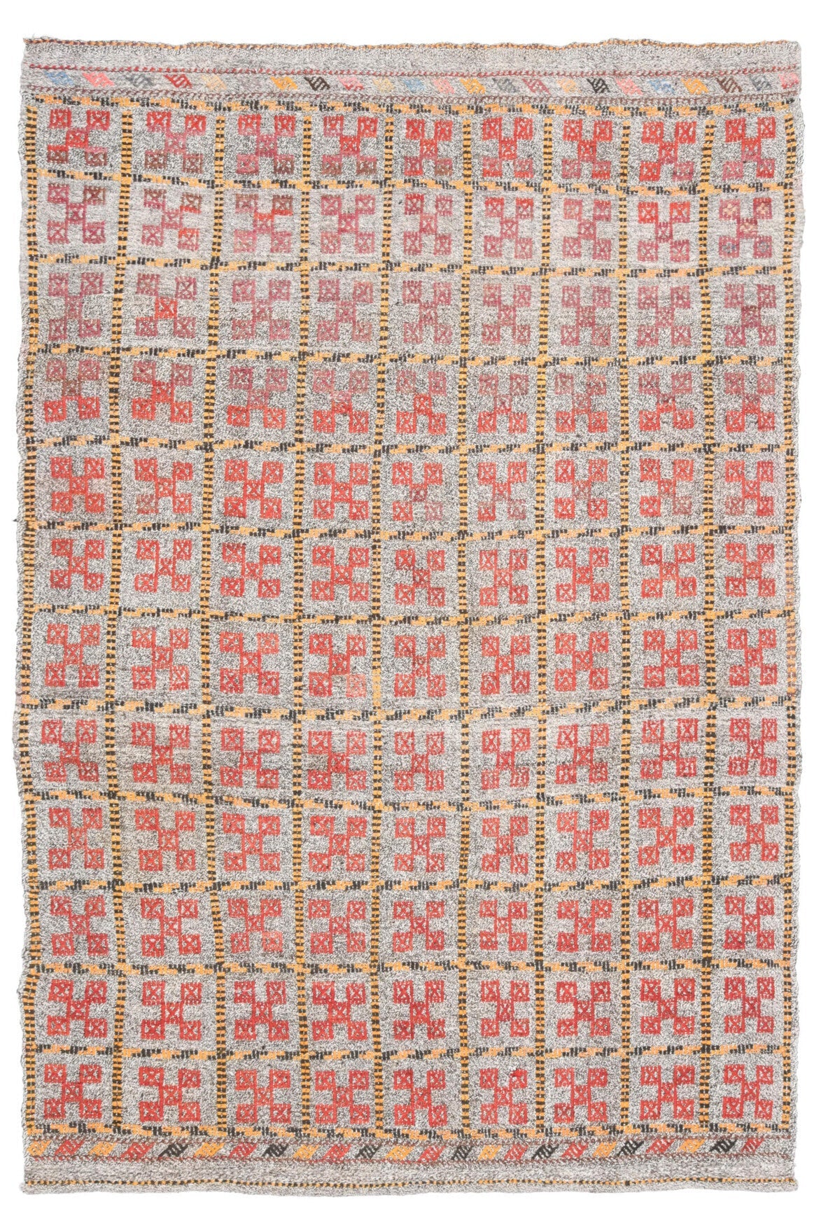 169x248 cm turuncu, pembe ve bej ikat desenli el dokuma vintage kilim – üstten tam görünüm