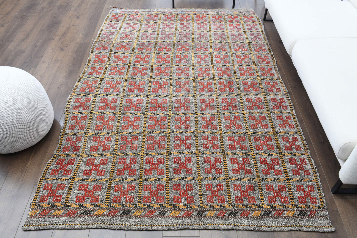 1960'lardan Anadolu kökenli ikat desenli el dokuma vintage kilim, 169x248 cm