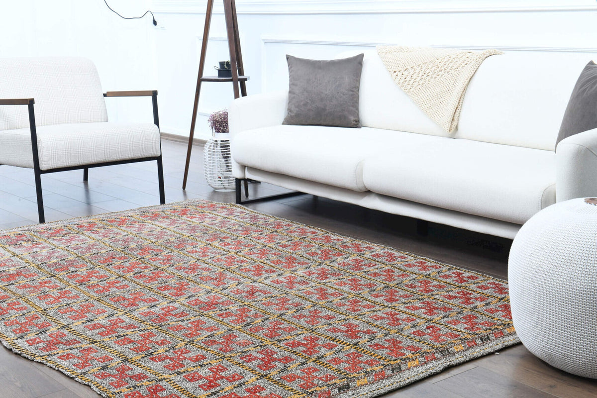 Vintage kilim 169x248 cm – turuncu, pembe ve bej ikat desenli, el dokuma