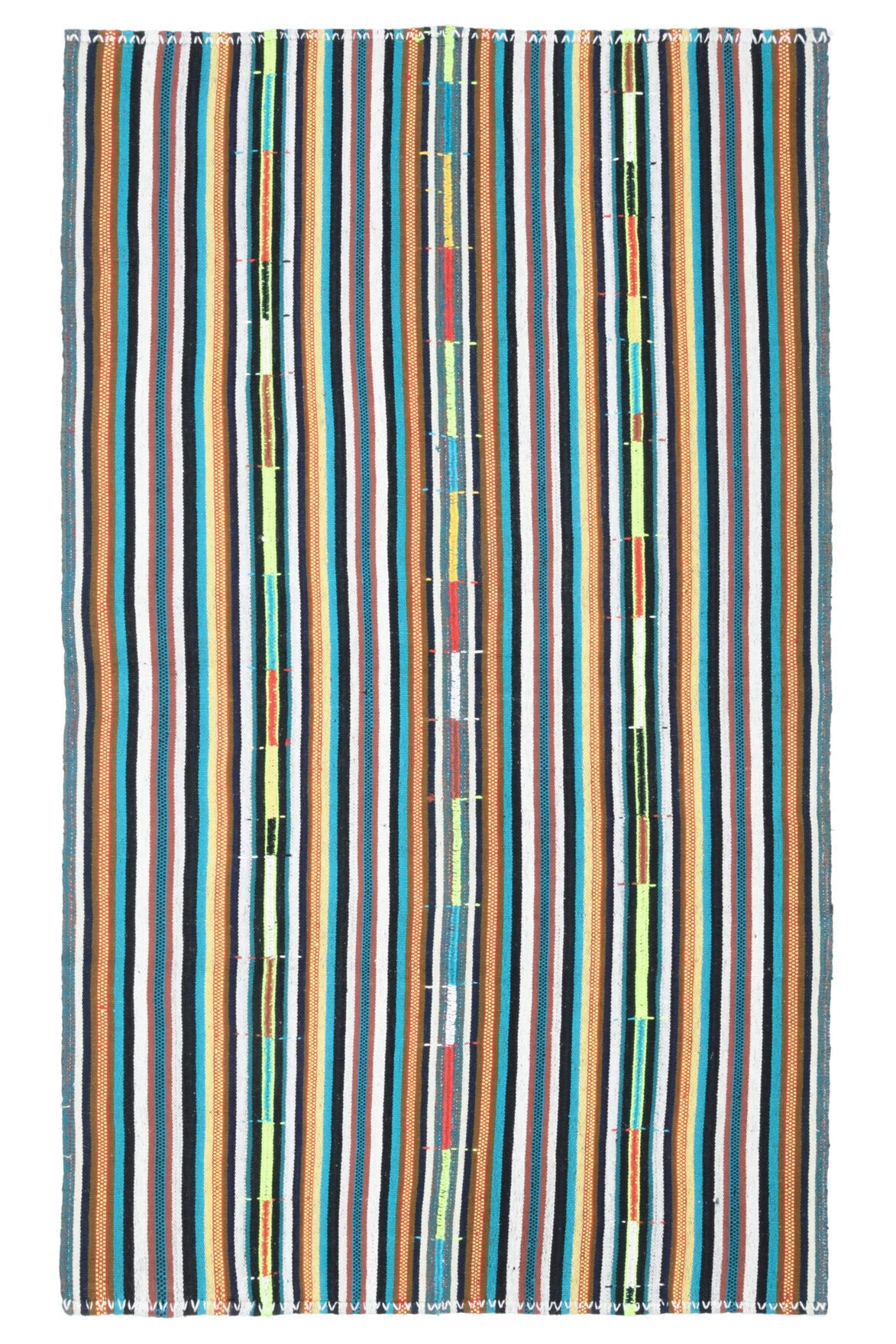149x249 cm mavi ve turuncu çizgili el dokuma vintage kilim – üstten tam görünüm