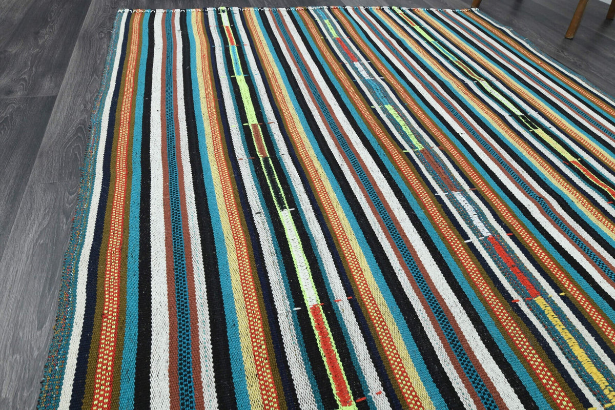 Mavi ve turuncu renkli el dokuma vintage kilim, %100 yün dokuma